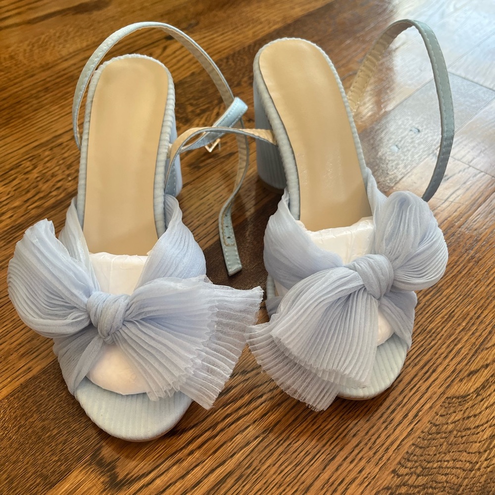 Block Heel Ankle Strap Pleated Bow Heels